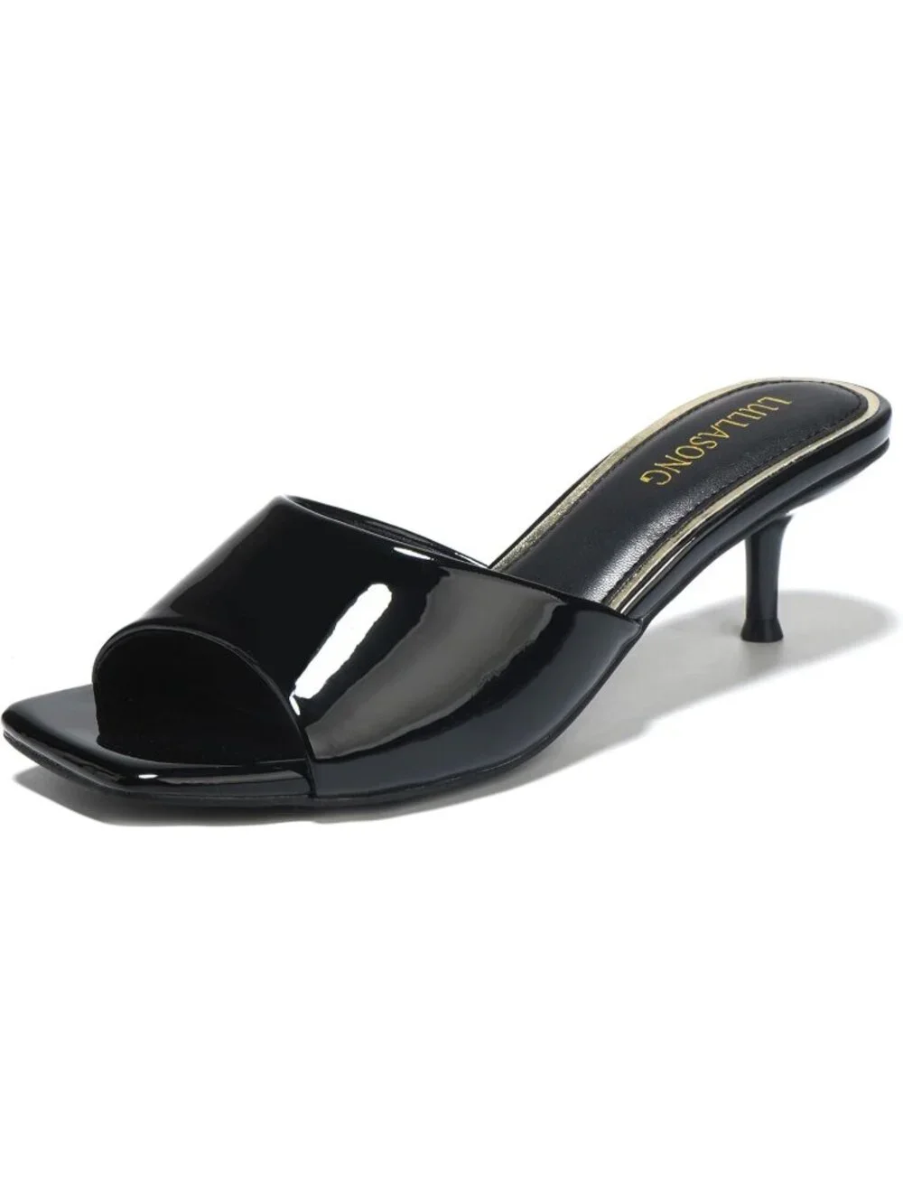 Women's Black Faux Leather Square Open Toe Low Heel Slip On 2 Inch Heeled Sandal